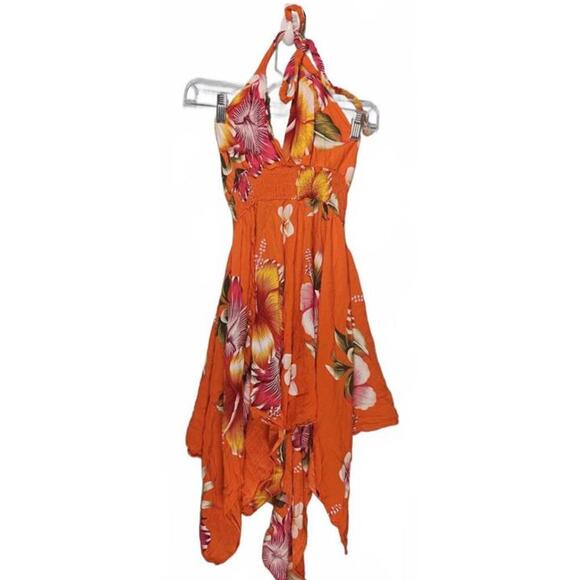 Vibrant Orange Tropical Floral Halter Dress Hawaiian Style No Tag - Picture 1 of 5